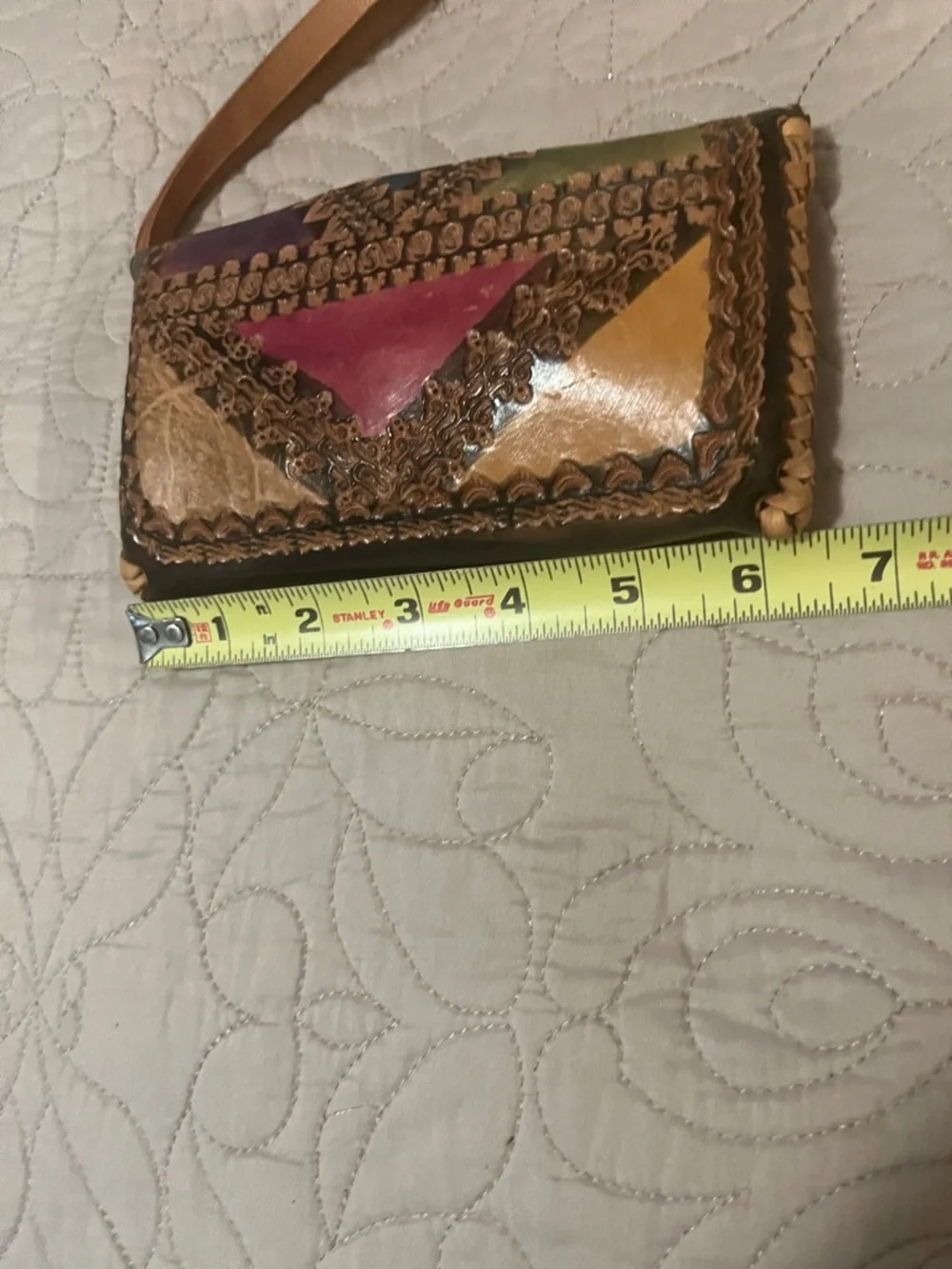 Handcrafted Multicolor Patchwork Pattern Tooled Leather Wristlet Clutch